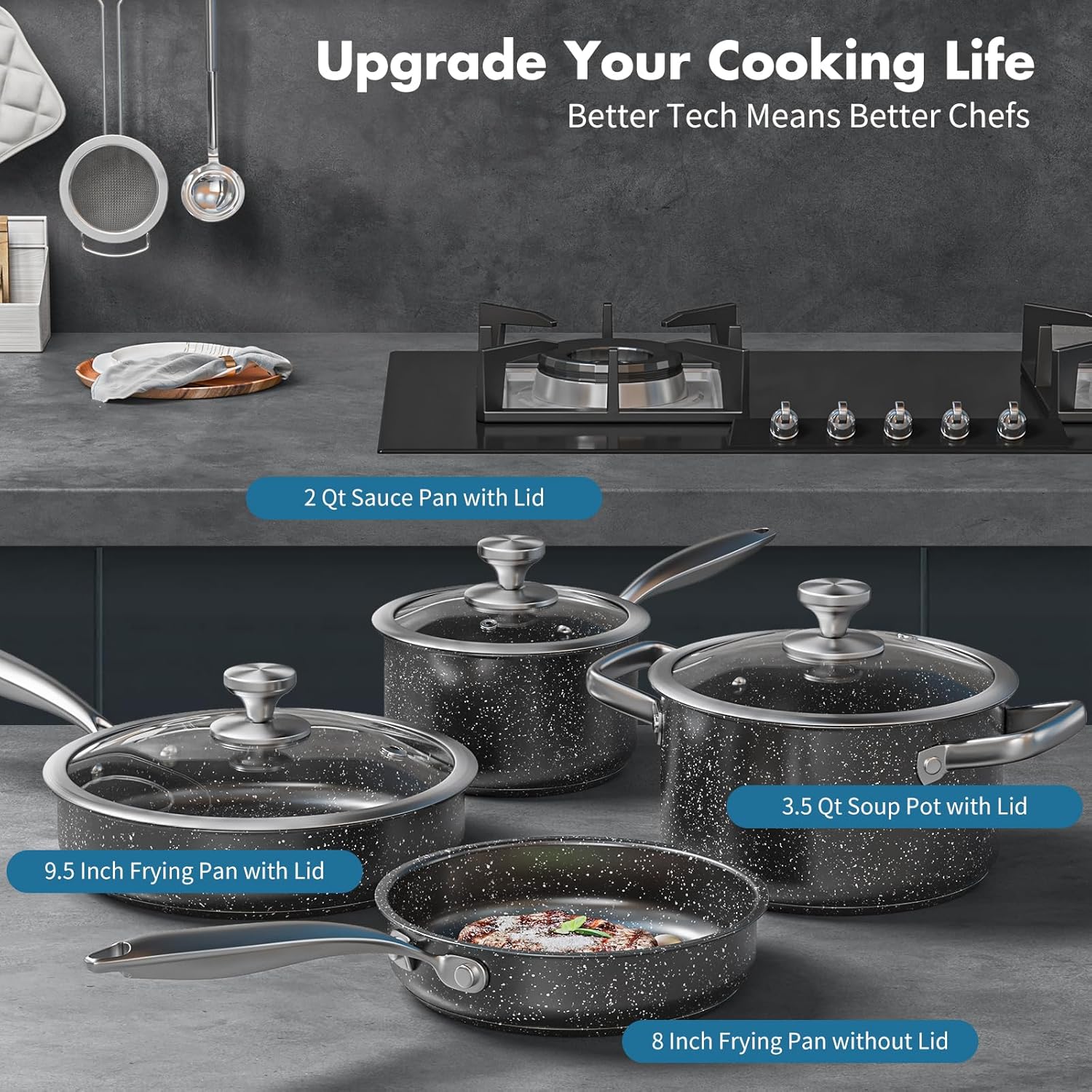 Stainless Steel Pots and Pans Set, 7-Piece Induction Hob Pan Set with Stay Cool Handles, Nonstick Saucepan Set Cooking Pans Set with Glass Lids, Black Granite Kitchen Cookware Set, for All Stove