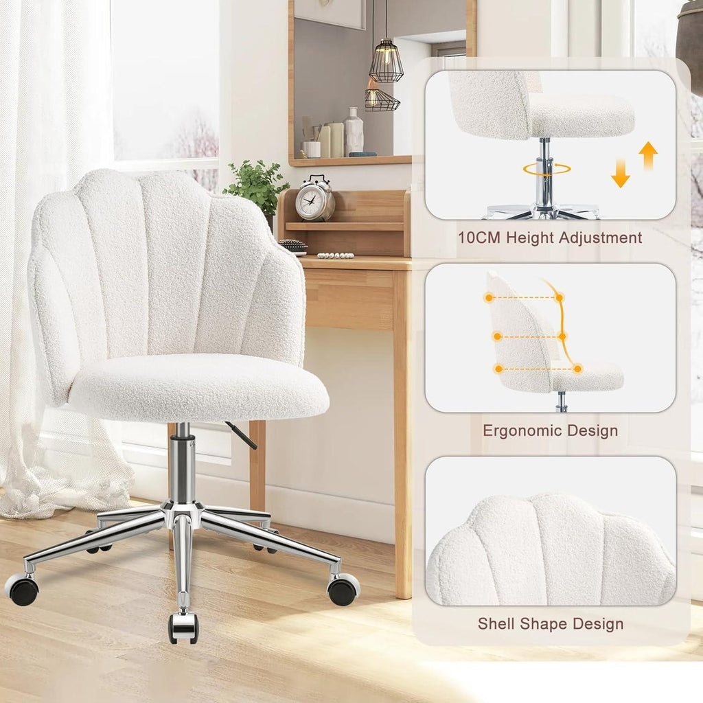 Shell‑Shaped Teddy Fabric Vanity Chair, White & Pink 360° Swivel Height Adjustable Makeup Desk Chair with Silent Wheels, Padded Rolling Armchair for Bedroom Dressing Room Home Office