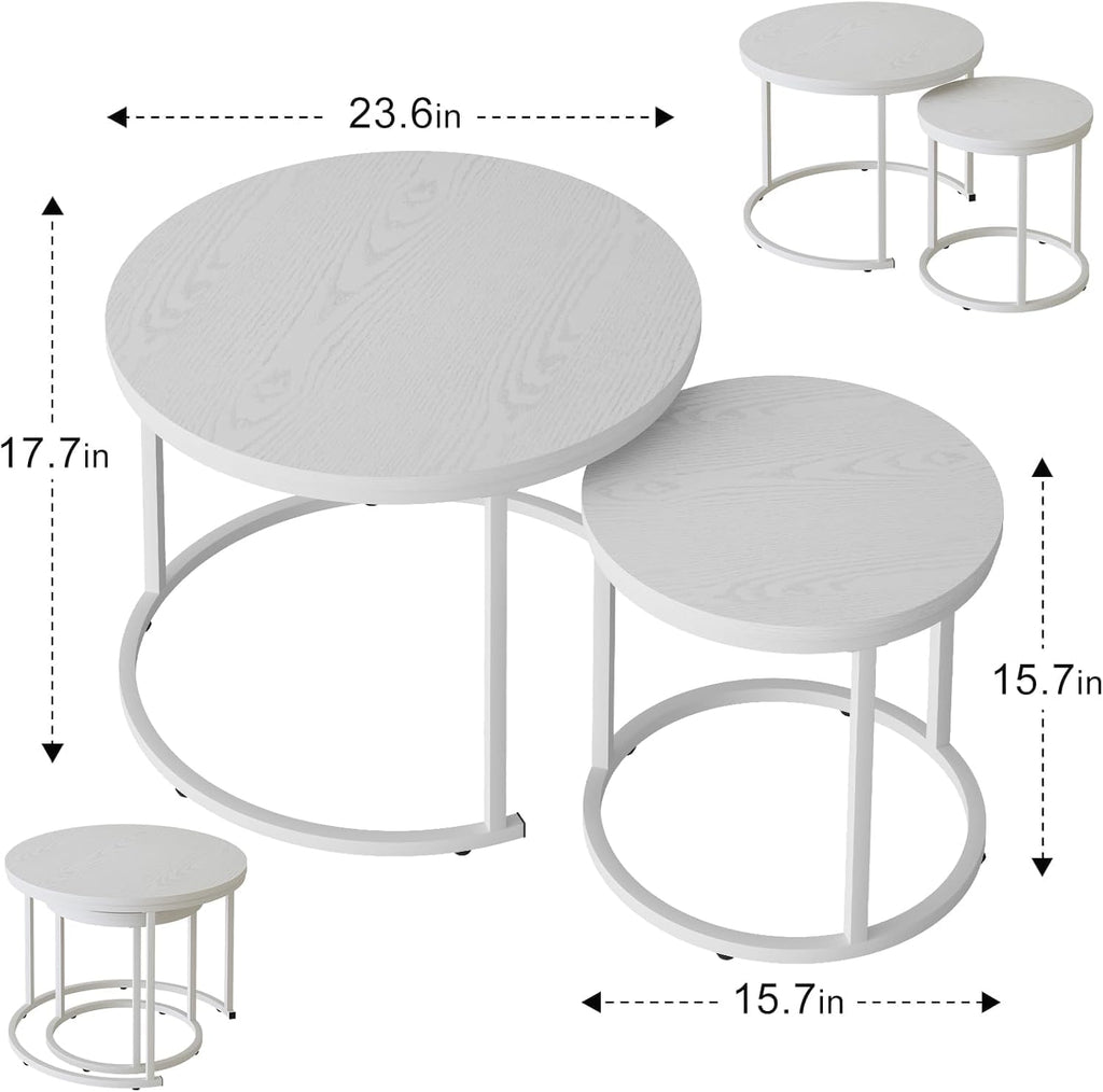 Marble Nesting Coffee Table Set for Living Room, Round Metal Frame Center & End Tables for Small Space, Bedroom, White & Black, 60x50cm