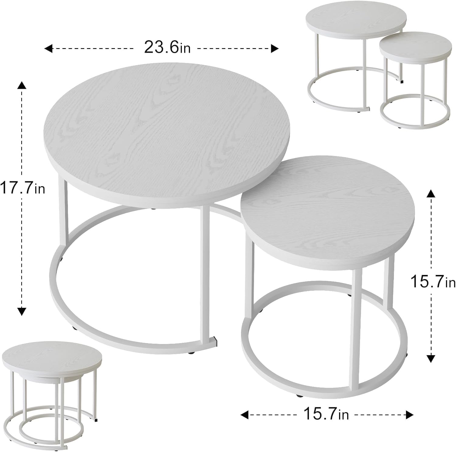 Marble Nesting Coffee Table Set for Living Room, Round Metal Frame Center & End Tables for Small Space, Bedroom, White & Black, 60x50cm
