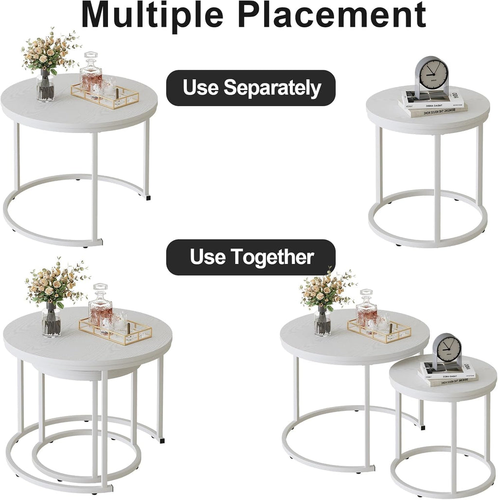 Marble Nesting Coffee Table Set for Living Room, Round Metal Frame Center & End Tables for Small Space, Bedroom, White & Black, 60x50cm