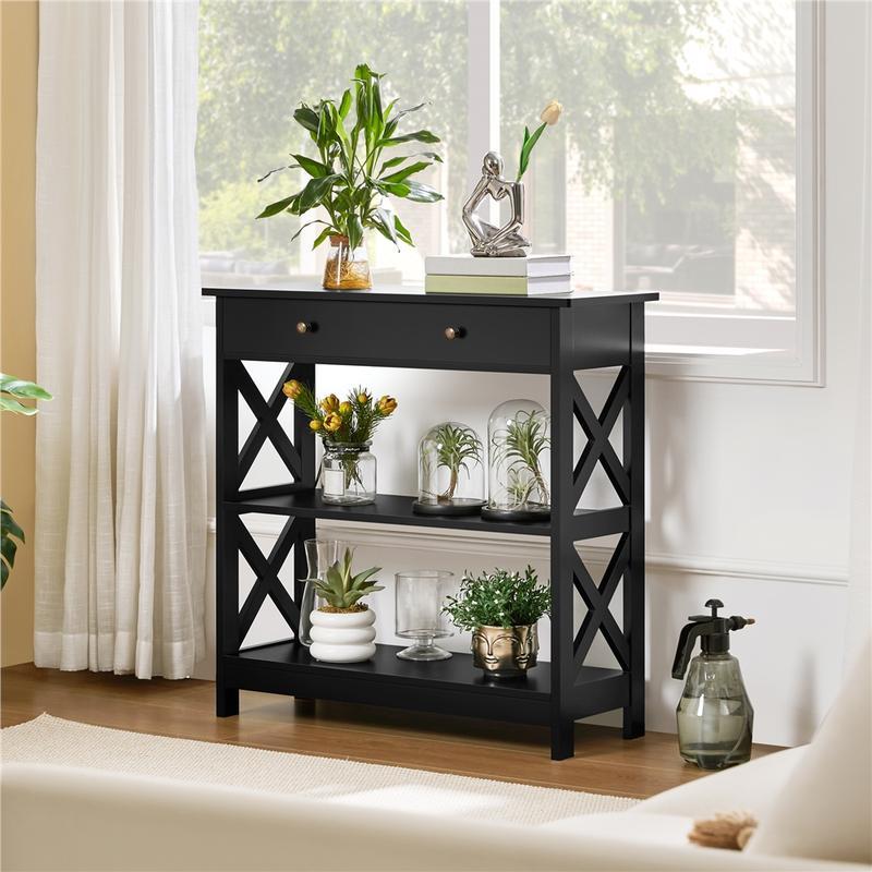 Industrial Vintage Console Table with Drawer and 2 Open Shelves, Multifunctional Shoe Storage Cabinet for Living Room, Hallway, Bedroom [Plus A Free Gift]