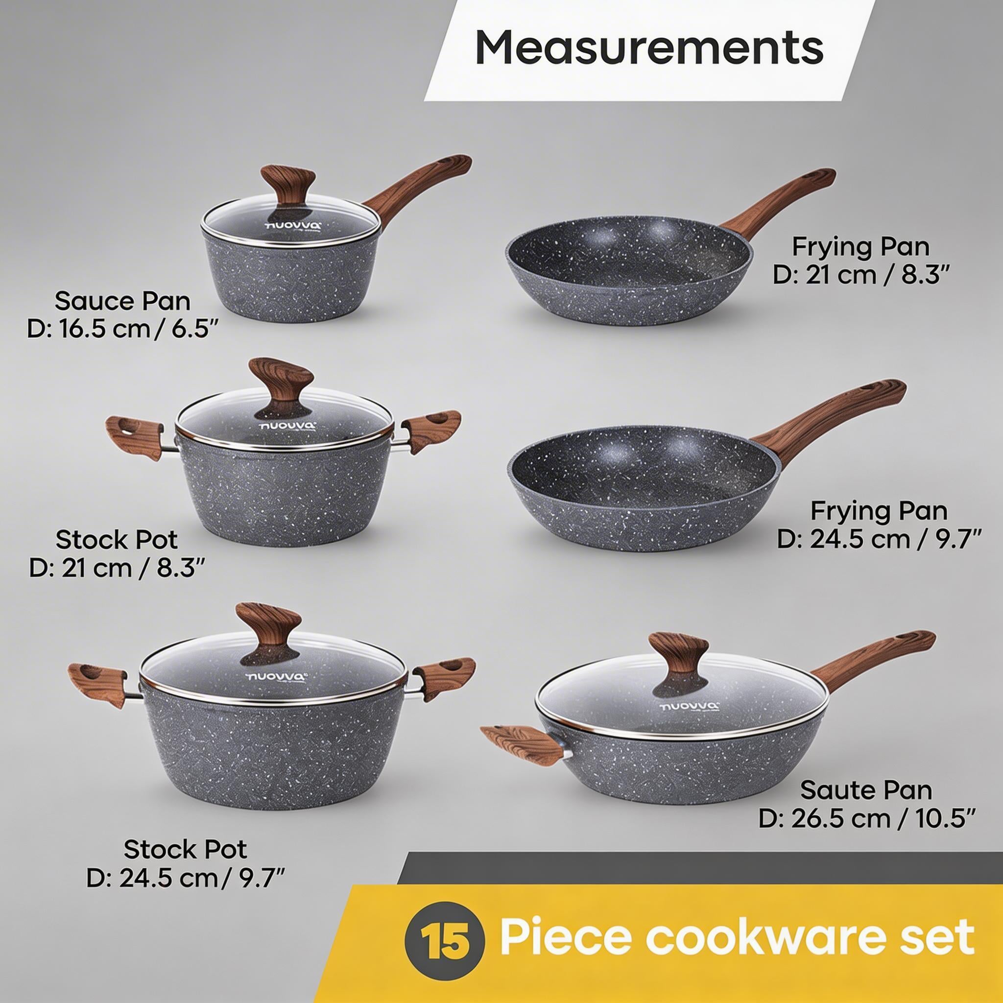 15‑Piece Nonstick Cookware Set – Granite Ceramic Coating for Effortless Food Release & Easy Cleaning, Induction‑Compatible Reinforced Base, Heat‑Insulated Wood‑Grain Handles, Includes 5 Pots, 4 Lids & 6 Utensils – Ideal for Daily Home Cooking