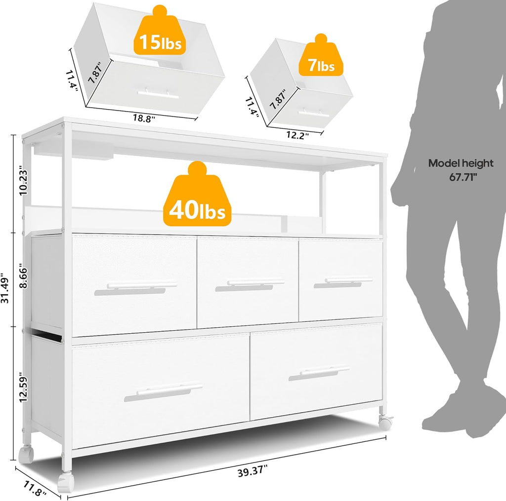 Chest of Drawers with Charging Station, Bedroom Dresser with 5 Fabric Drawers, TV Stand with Storage Shelf, 4 Castors and Metal Frame (Black)