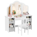 【NS】Kids Vanity Table and Stool Set, Princess Makeup Dressing Tables with Tri-Folding Detachable Mirror, 4 Storage Shelves, Wooden Children Study Desk for 3+ Years Old (White with Grey Bins)