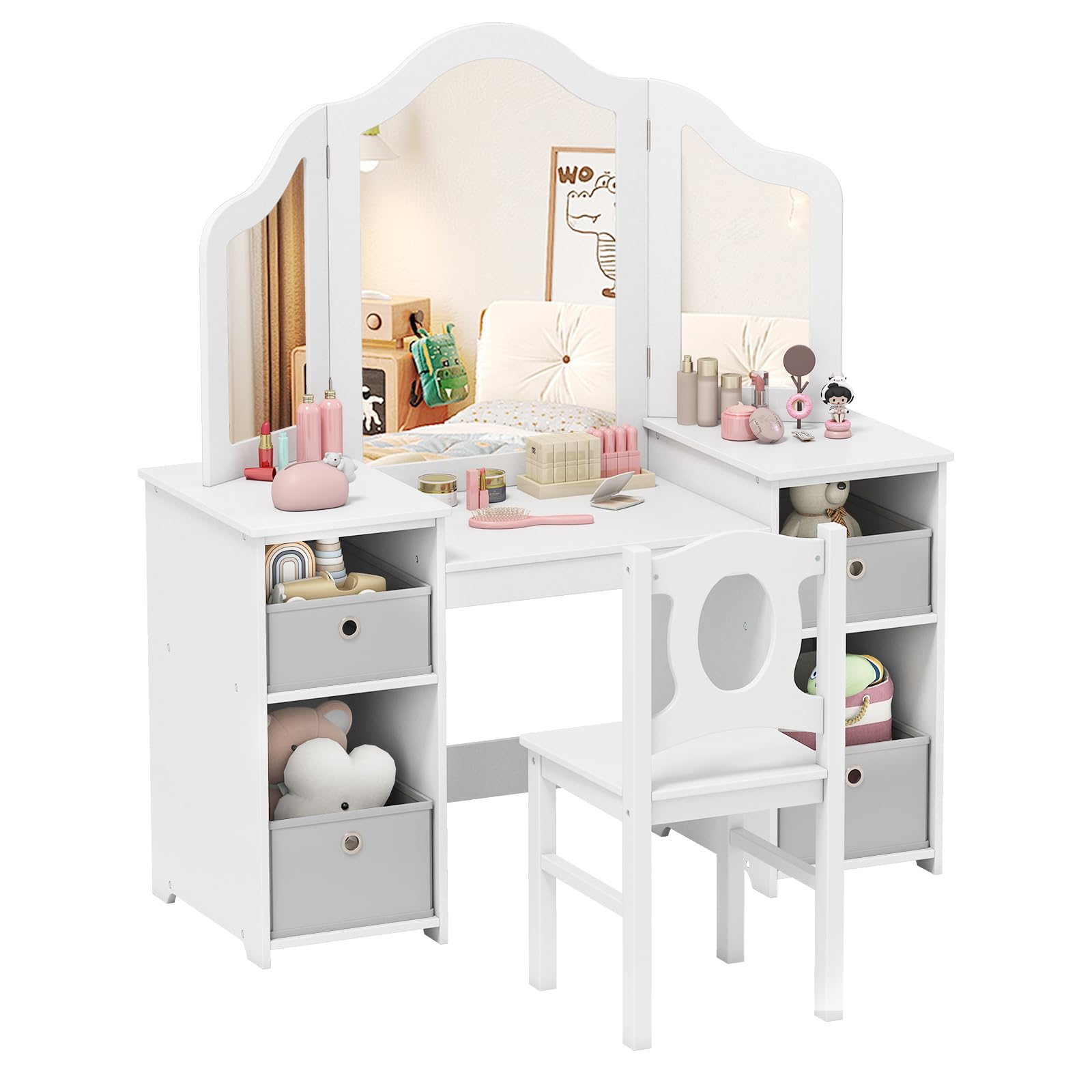 【NS】Kids Vanity Table and Stool Set, Princess Makeup Dressing Tables with Tri-Folding Detachable Mirror, 4 Storage Shelves, Wooden Children Study Desk for 3+ Years Old (White with Grey Bins)