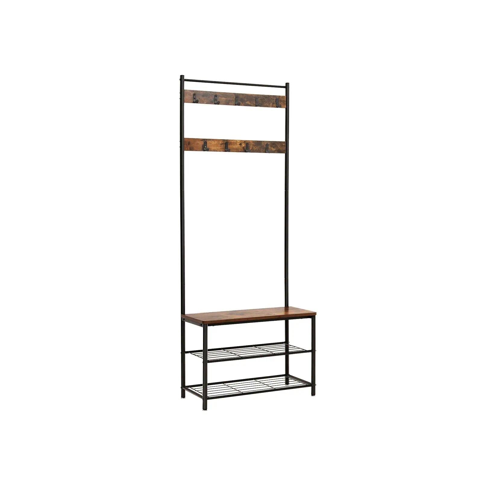 Industrial Style Hall Tree Coat Rack, Entryway Clothes Stand with Bench, Shoe Shelves & 9 Hooks, Metal Frame Shoe Bench Organizer for Hallway Cloakroom Home Storage