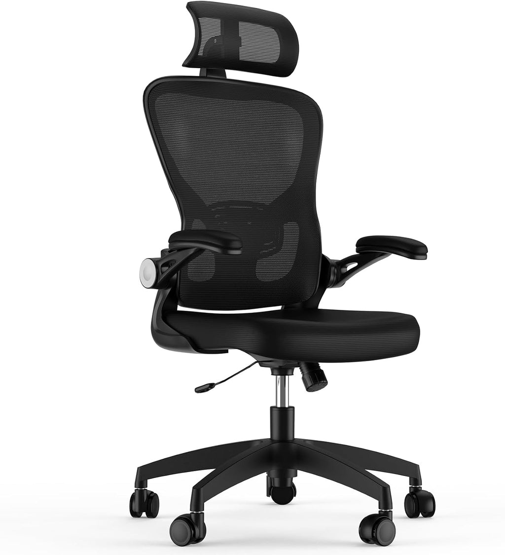 High‑Back Ergonomic Breathable Mesh Office Desk Chair, Adjustable Headrest & Lumbar Support, Flip‑Up Armrests with Rocking Tilt Function, 360° Swivel Rolling Computer Chair for Home Office Study & Gaming