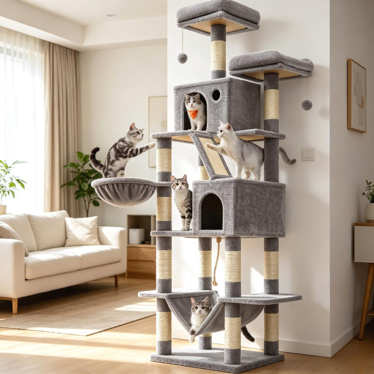Tall Large Cat Tree 206 cm, Multi‑Level Plush Cat Tower with 13 Sisal Scratching Posts, Scratching Ramp, 2 Perches, 2 Cat Caves, Basket & Hammock, Interactive Pom‑pom Toys for Indoor Multi‑Cat Households
