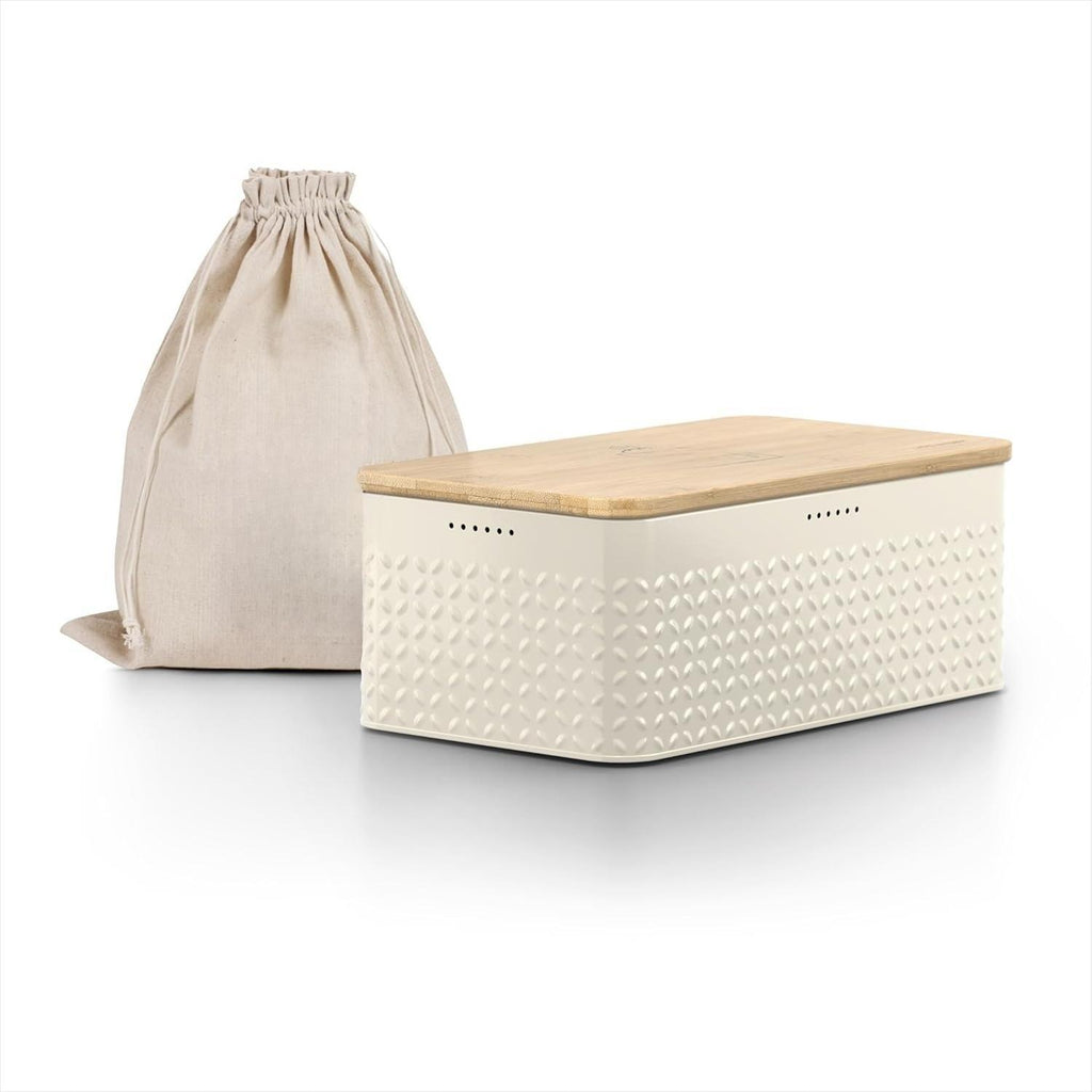 Bread Box I Metal bread box with linen bag for long lasting freshness I Baked goods Bin with bamboo lid usable as cutting board I 13.4x7.3x5.3In (Ash Gray)