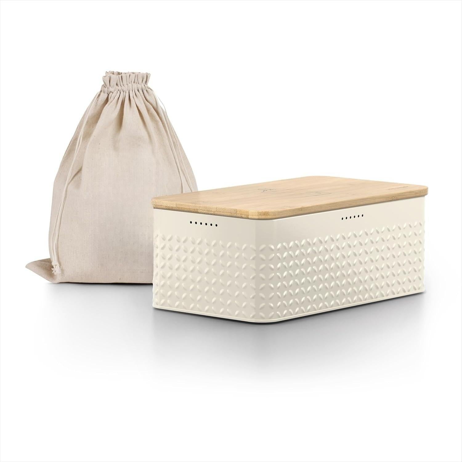 Bread Box I Metal bread box with linen bag for long lasting freshness I Baked goods Bin with bamboo lid usable as cutting board I 13.4x7.3x5.3In (Ash Gray)