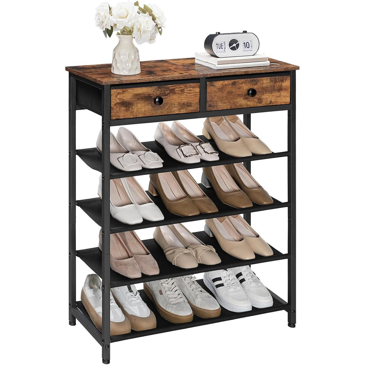 Shoe Rack,  Shoe Storage Organizer with 2 Non-Woven Drawers, 12-15 Pairs of for Entryway, Shelf with 3 Oxford Fabric Shelves and Wooden Top, Closet, Rustic Brown