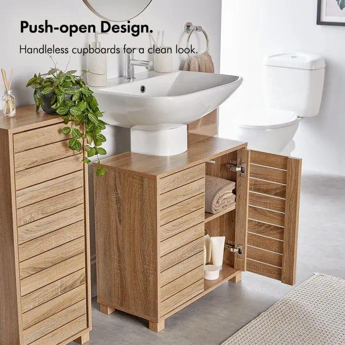 `Freestanding Under‑Sink Bathroom Cabinet, Oak Wood‑Effect Handleless Storage Cupboard with 2 Adjustable Inner Shelves, Multi‑Purpose Below Sink Organizer for Bathroom Vanity`