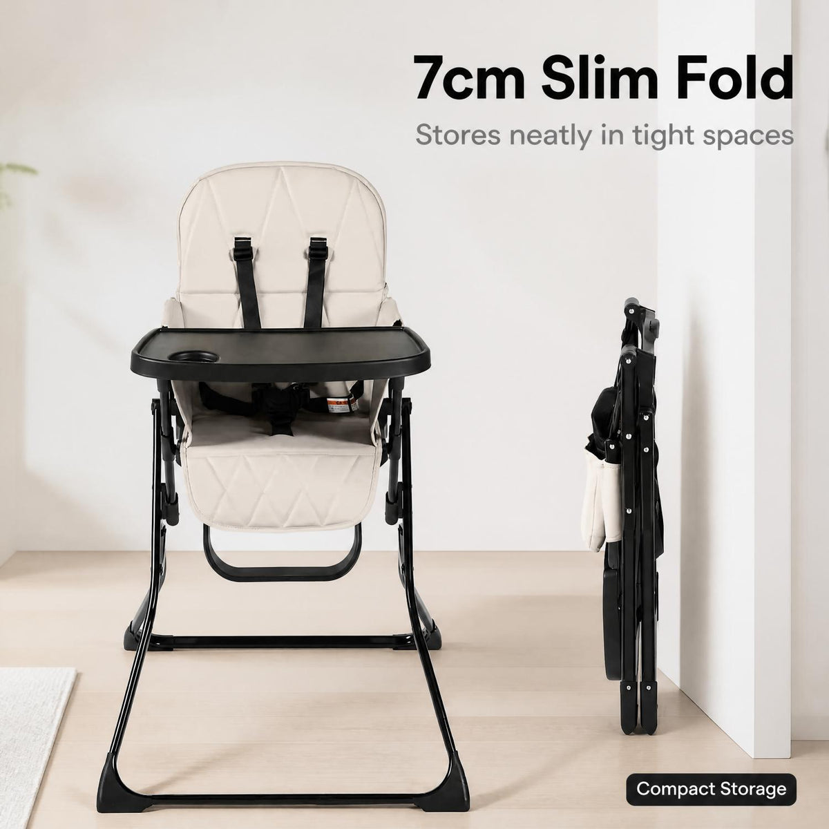 Ultra‑Slim Flip‑Fold Highchair with Super‑Quick Compact Fold, Removable Tray & Wipe‑Clean Cover, 5‑Point Harness, and Footrest – The Perfect Space‑Saving Dining Seat for Babies up to 15kg