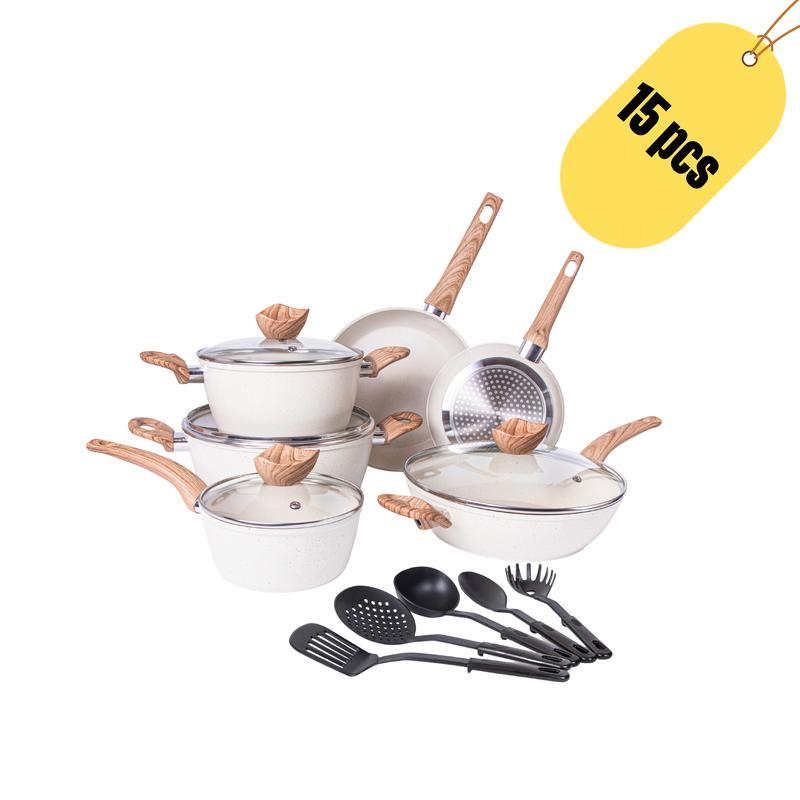 15‑Piece Nonstick Cookware Set – Granite Ceramic Coating for Effortless Food Release & Easy Cleaning, Induction‑Compatible Reinforced Base, Heat‑Insulated Wood‑Grain Handles, Includes 5 Pots, 4 Lids & 6 Utensils – Ideal for Daily Home Cooking