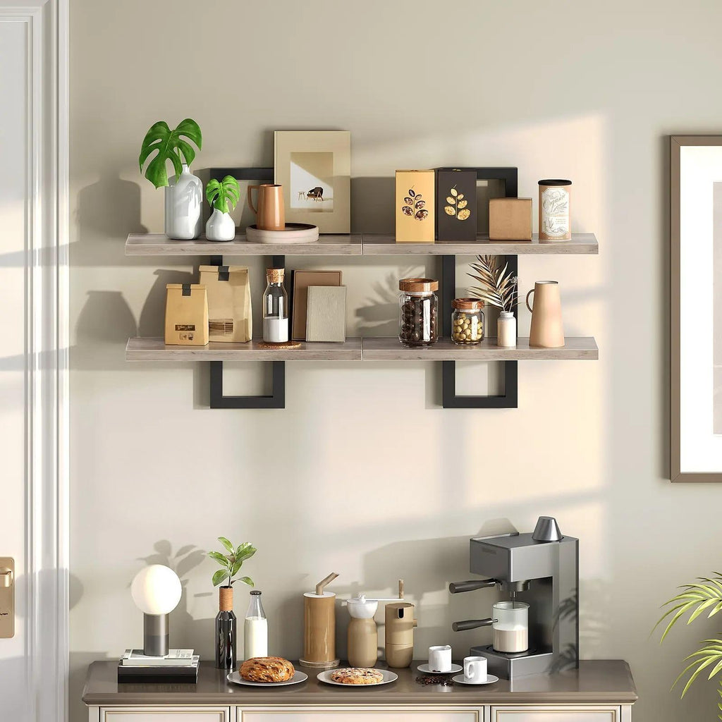 Set of 2 Double‑Tier Floating Wall Shelves, Wall‑Mounted Storage Display Racks, Heavy‑Duty Particleboard Metal Frame Wall Shelf for Kitchen Living Room Bedroom Bathroom Home Decor