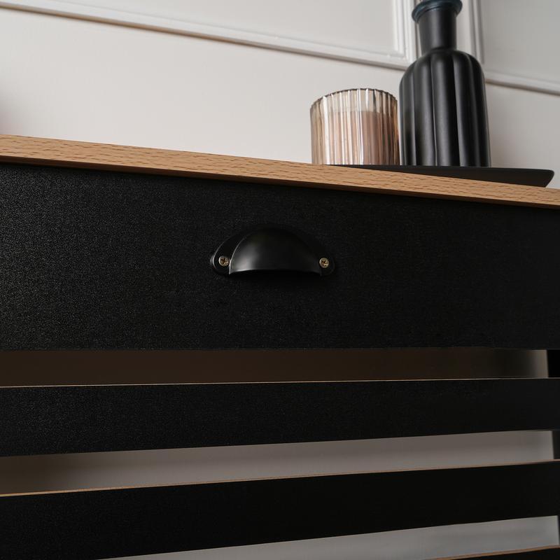 Modern Horizontal Slatted MDF Radiator Cover Grill Shelf Cabinet Black w/ Natural Wood Top for Living Room Hallway Entryway Bedroom Stylish Furniture Protection & Storage