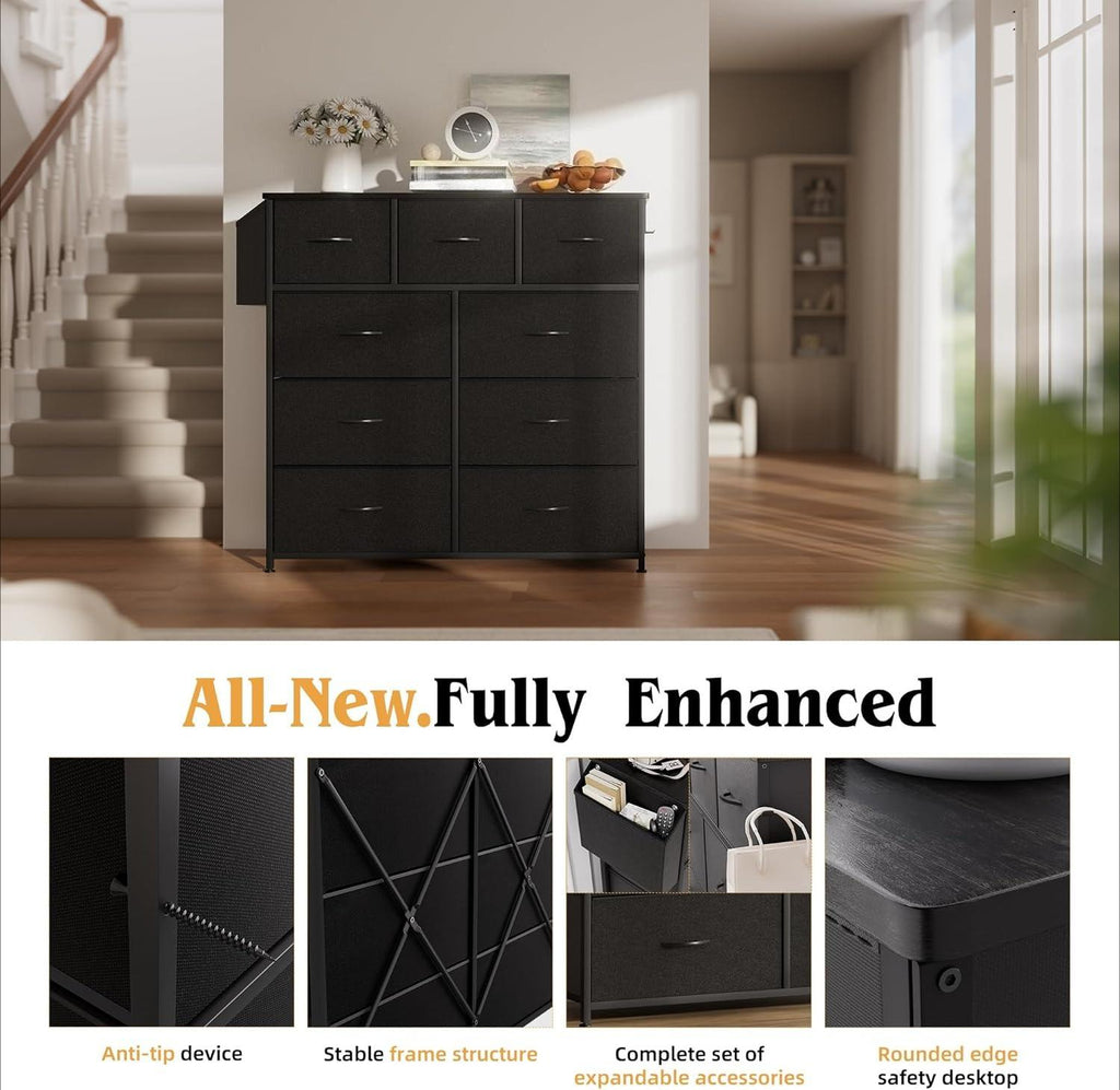 9 Drawers Metal Frame Dresser - Canvas Fabric Chest of Drawers with Label Cards, Side Pocket & Hook for Bedroom, Living Room, Hallway Storage Organizer [Plus A Free Gift]