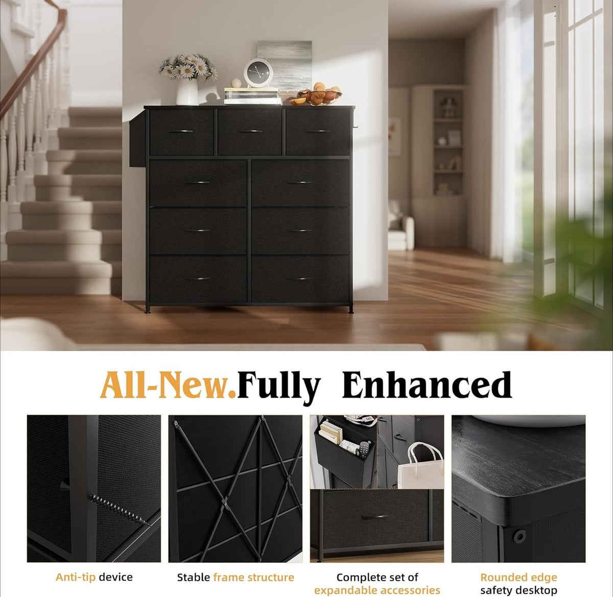 9 Drawers Metal Frame Dresser - Canvas Fabric Chest of Drawers with Label Cards, Side Pocket & Hook for Bedroom, Living Room, Hallway Storage Organizer [Plus A Free Gift]