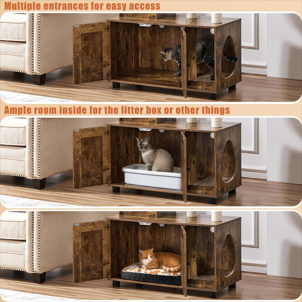 Cat Tree Tower with Hidden Litter Box Enclosure, All‑in‑One Wooden Cat Furniture for Indoor Large Cats, Kitty Washroom Cabinet with Condo, Hammock, Sisal Scratching Posts, Top Perch Platform, Multi‑Level Pet Kitten House