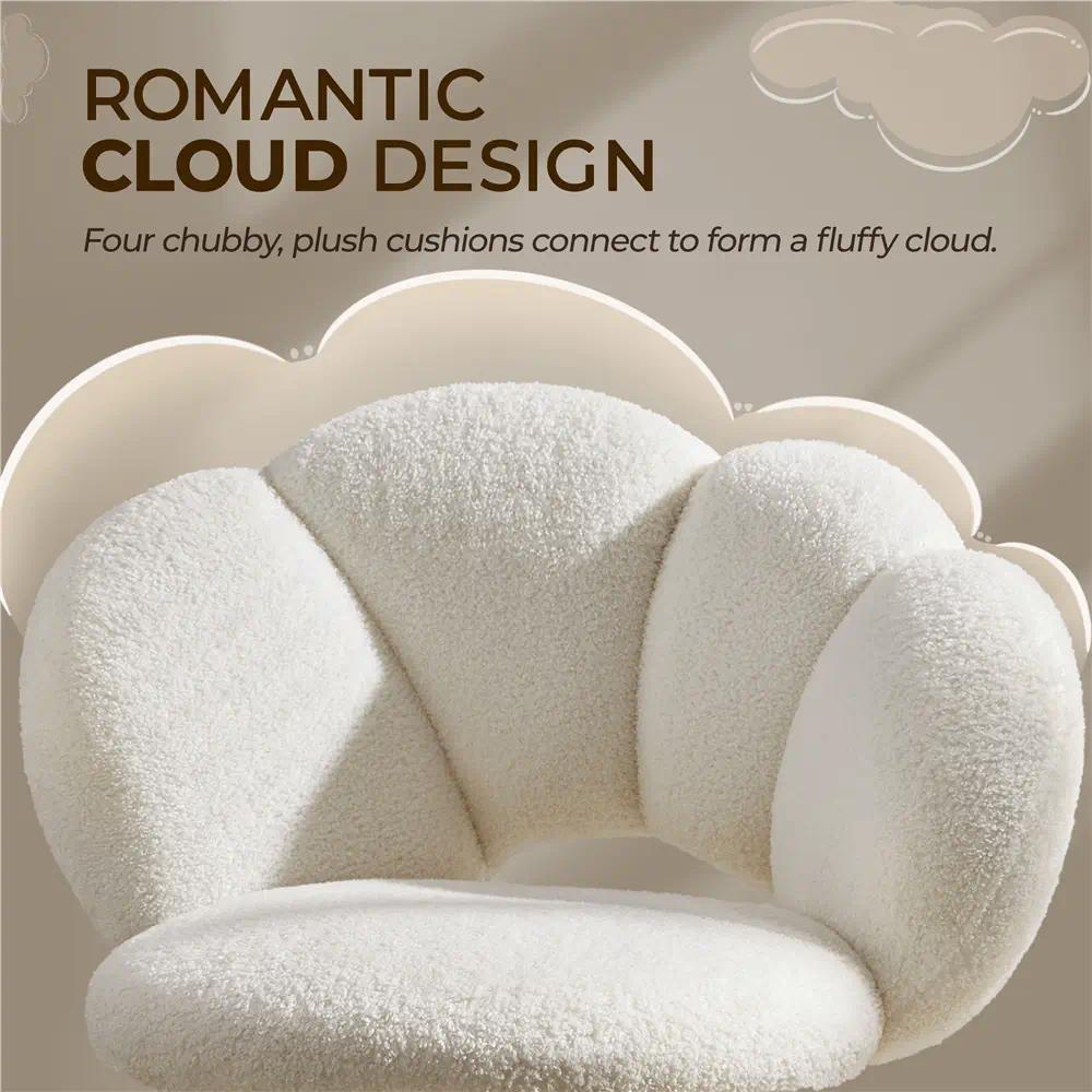 White Boucle Cloud-Shaped Desk Chair | Swivel Makeup Vanity Stool with Wheels & Adjustable Height | Soft Upholstered Home Office Accent Chair for Bedroom Living Room [Plus A Free Gift]