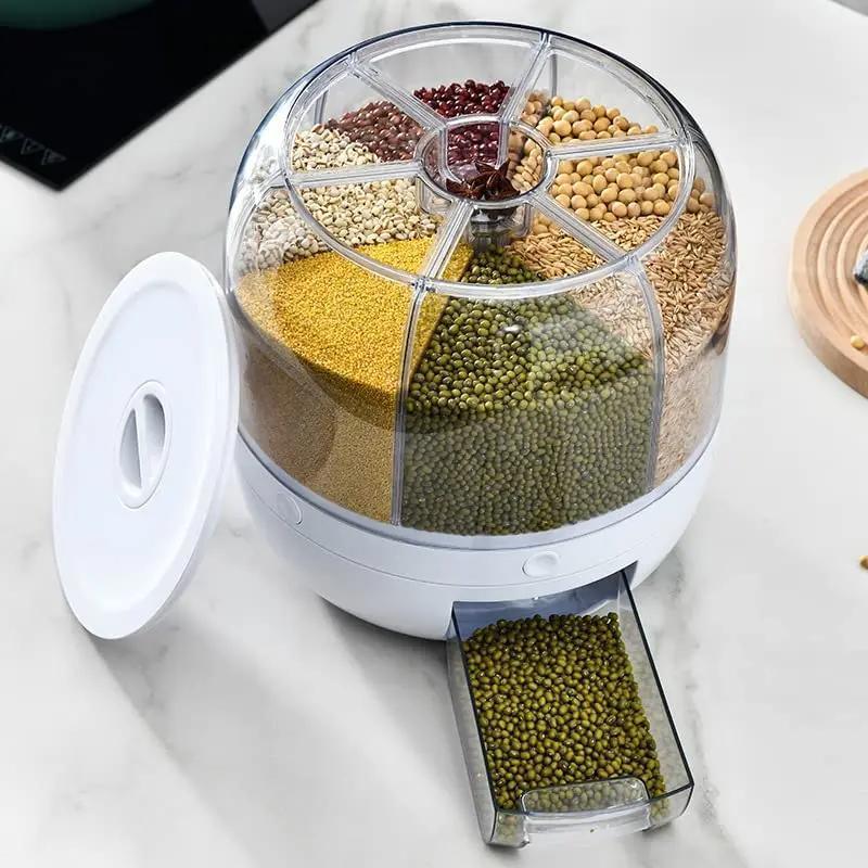 6-Compartment 360° Rotating Rice Dispenser Container, Transparent Dry Food Storage Bin, Airtight Fruit & Grain Keep Fresh Box for Kitchen Countertop Organization [Plus A Free Gift]