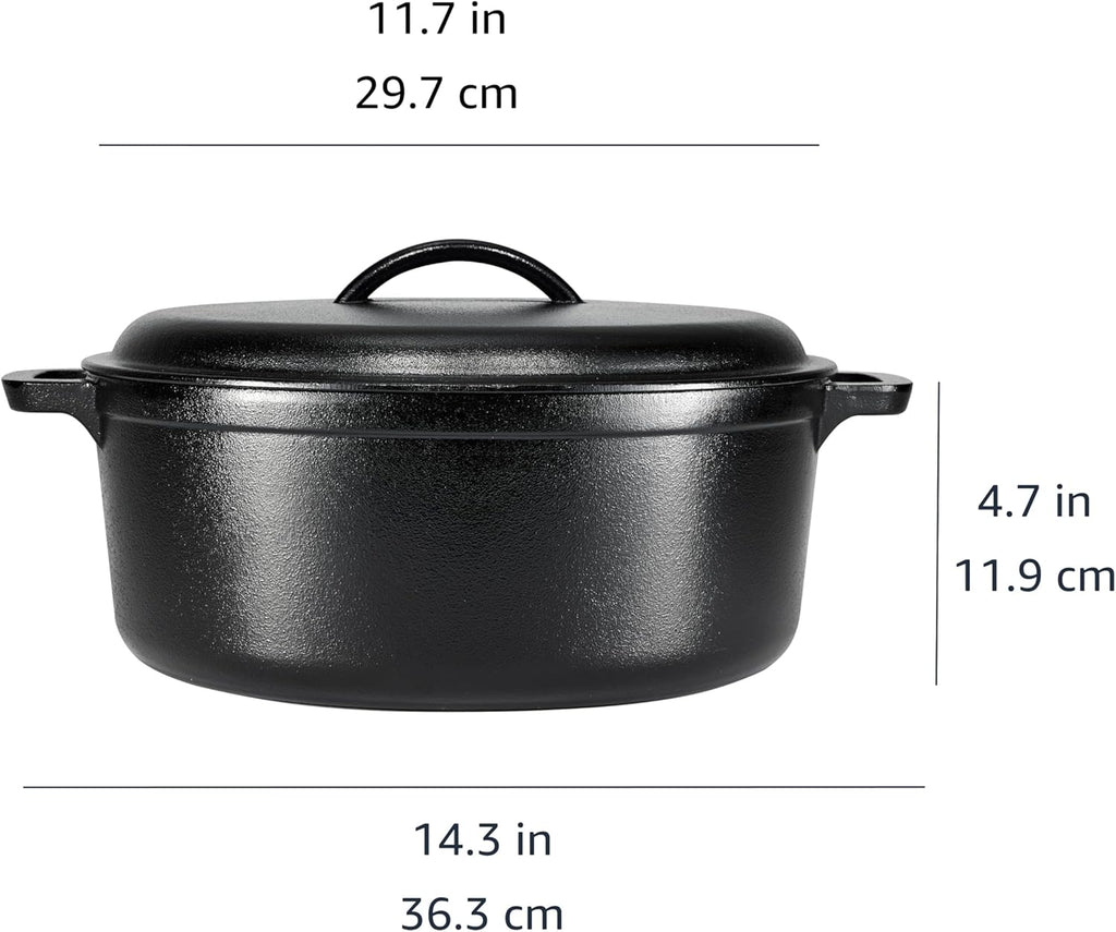 Round Pre-Seasoned Cast Iron Dutch Oven Pot with Lid and Dual Handles Heavy-Duty Oven Safe up to 260 C Large 6.62 L Black for Versatile Cooking