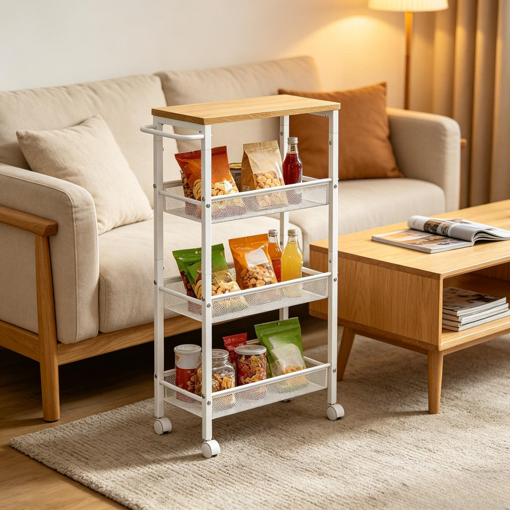 4‑Tier Slim Rolling Storage Trolley Cart, Space‑Saving Utility Organiser Rack with Wheels & Handle, Sturdy Steel Frame Storage Shelf for Small Spaces, Kitchen, Bathroom, Living Room, Studio Apartment