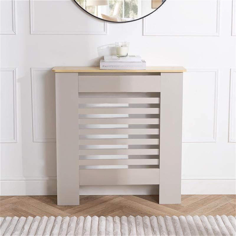 Modern Horizontal Slatted MDF Radiator Cover Grill Shelf Cabinet Black w/ Natural Wood Top for Living Room Hallway Entryway Bedroom Stylish Furniture Protection & Storage