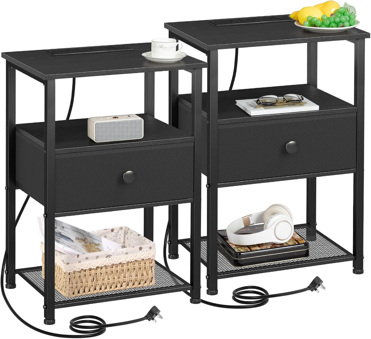 Bedside Table Set of 2 with Charging Station, Nightstand with 2 AC Outlets & USB Ports, Fabric Drawer Night Stand with Open Storage Shelf, Small Side End Table for Bedroom Living Room, Small Space Furniture, Black / Brown