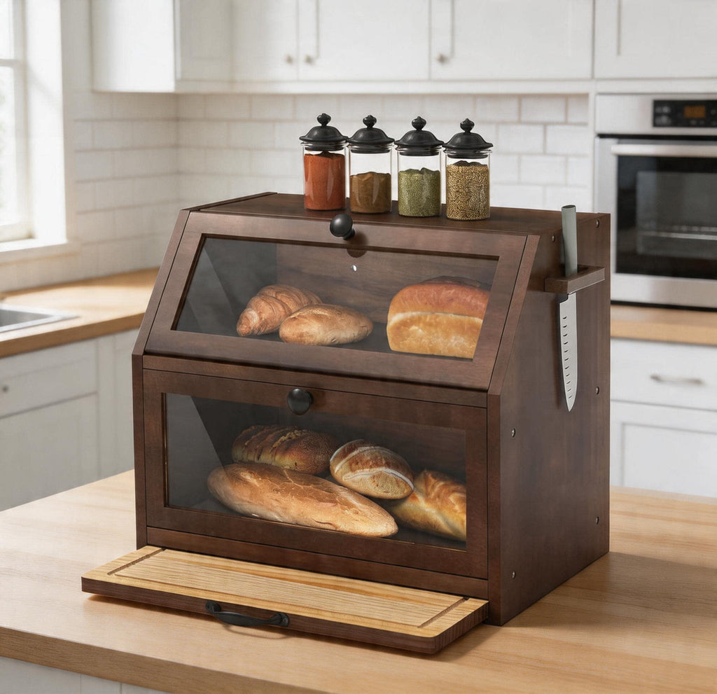 Bread Box with Cutting Board, Wooden Storage Box, Wood Bread Basket Boxes Storage Bread Box for Bread, 39x25x20 (LxWxH) cm