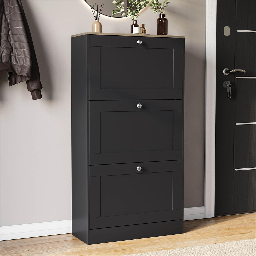 3 Drawer Pull-Down Shoe Cabinet, Slim Space-Saving Wooden Shoe Storage Organizer with Oak Top Surface, Hidden Footwear Storage Cabinet for Entryway Hallway Bedroom Home Furniture