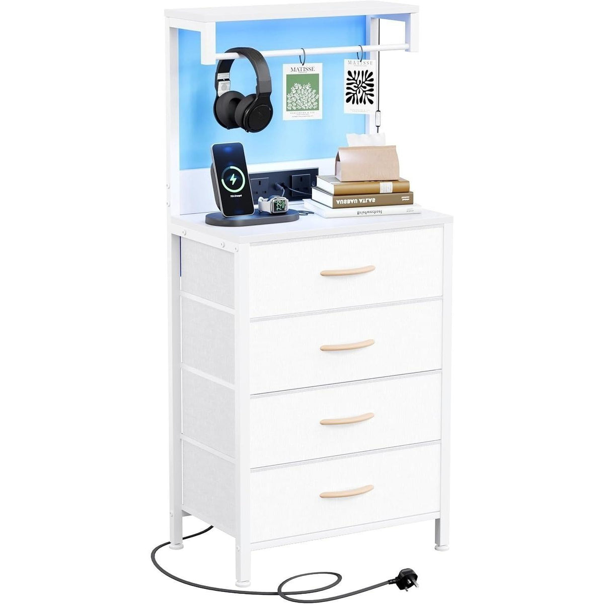 White Bedside Table with Charging Station & LED Light Nightstand 4 Fabric Drawers Wood Shelf Bedside Cabinet Bedroom Side Table Storage Organizer