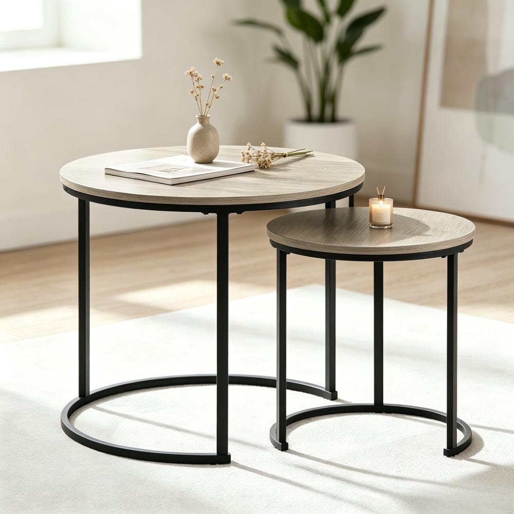 Round Nesting Coffee Table Set of 2, Stackable Side End Tables with Sturdy Metal Frame, Space-Saving Sofa Tea Table for Living Room Bedroom Small Spaces, Grey [Plus A Free Gift]