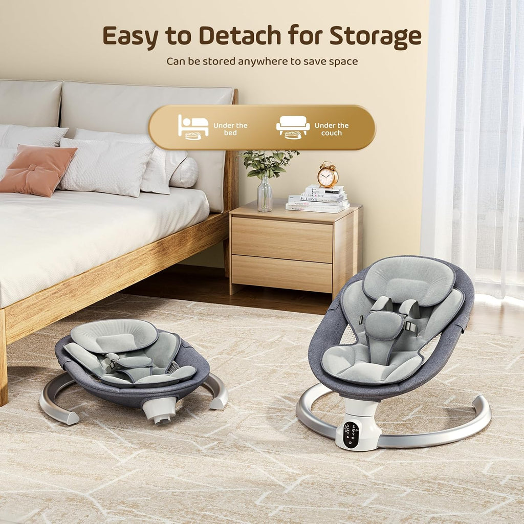 Electric Baby Swing for Infant, Upgraded 5 Point Harness Baby Bouncer Chair with 5 Swing Speeds 3 Timers and 10 Music, APP/Remote/IMD Panel Control Newborn Toddler Swing Chair (Light Grey)