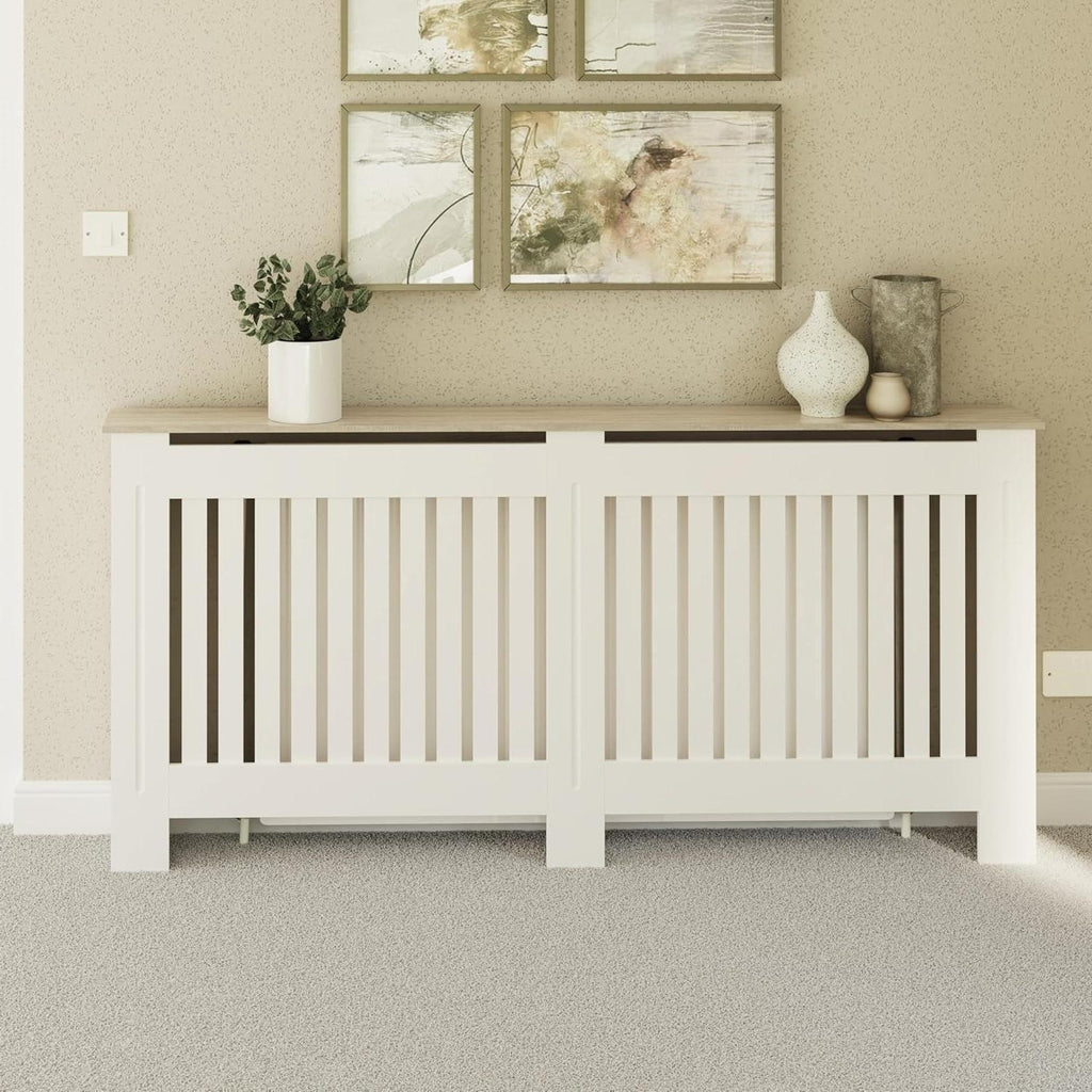 Large White Slatted Wood Radiator Cover with Shelf - Modern Furniture Style for Living Room, Bedroom [Plus A Free Gift]