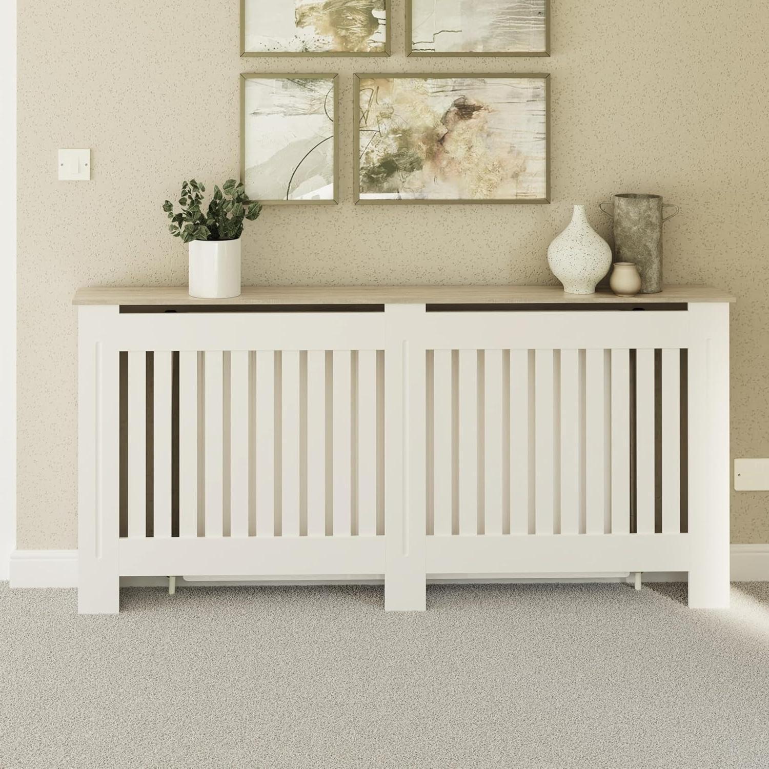 Large White Slatted Wood Radiator Cover with Shelf - Modern Furniture Style for Living Room, Bedroom [Plus A Free Gift]
