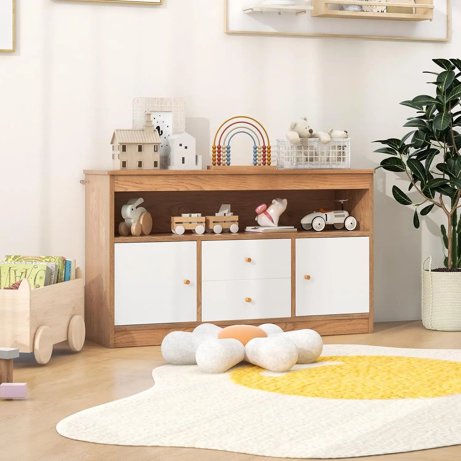 COSTWAY Kids Toy Storage Cabinet, Wooden Playroom Chest with Drawers and Large Open Shelf, Children Room Toys Books Storage Organizer for Boys Girls. For detailed product dimensions, please refer to the size chart in the product description.