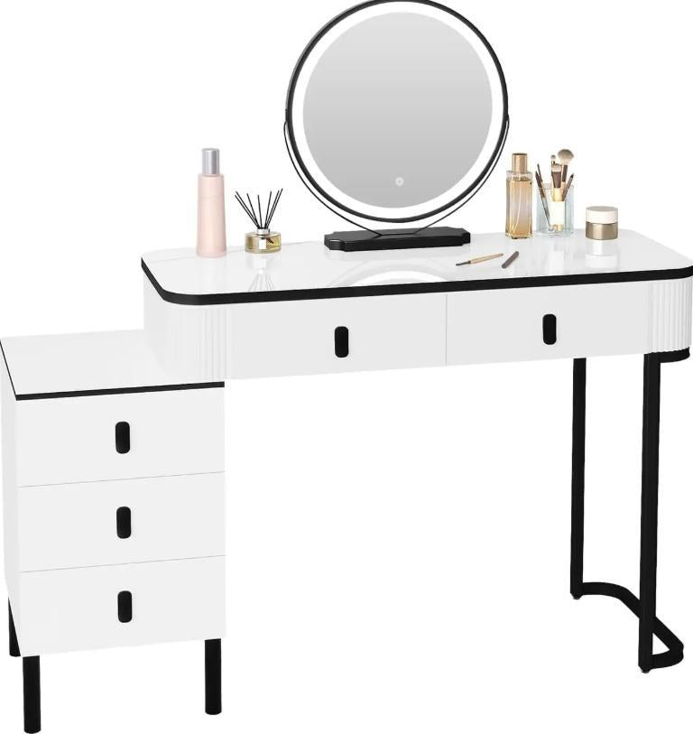 Dressing Table Vanity Desk with 3‑Colour Dimmable LED Swivel Mirror, 100×40cm Makeup Table with 5 Drawers & Removable Side Cabinet for Bedroom