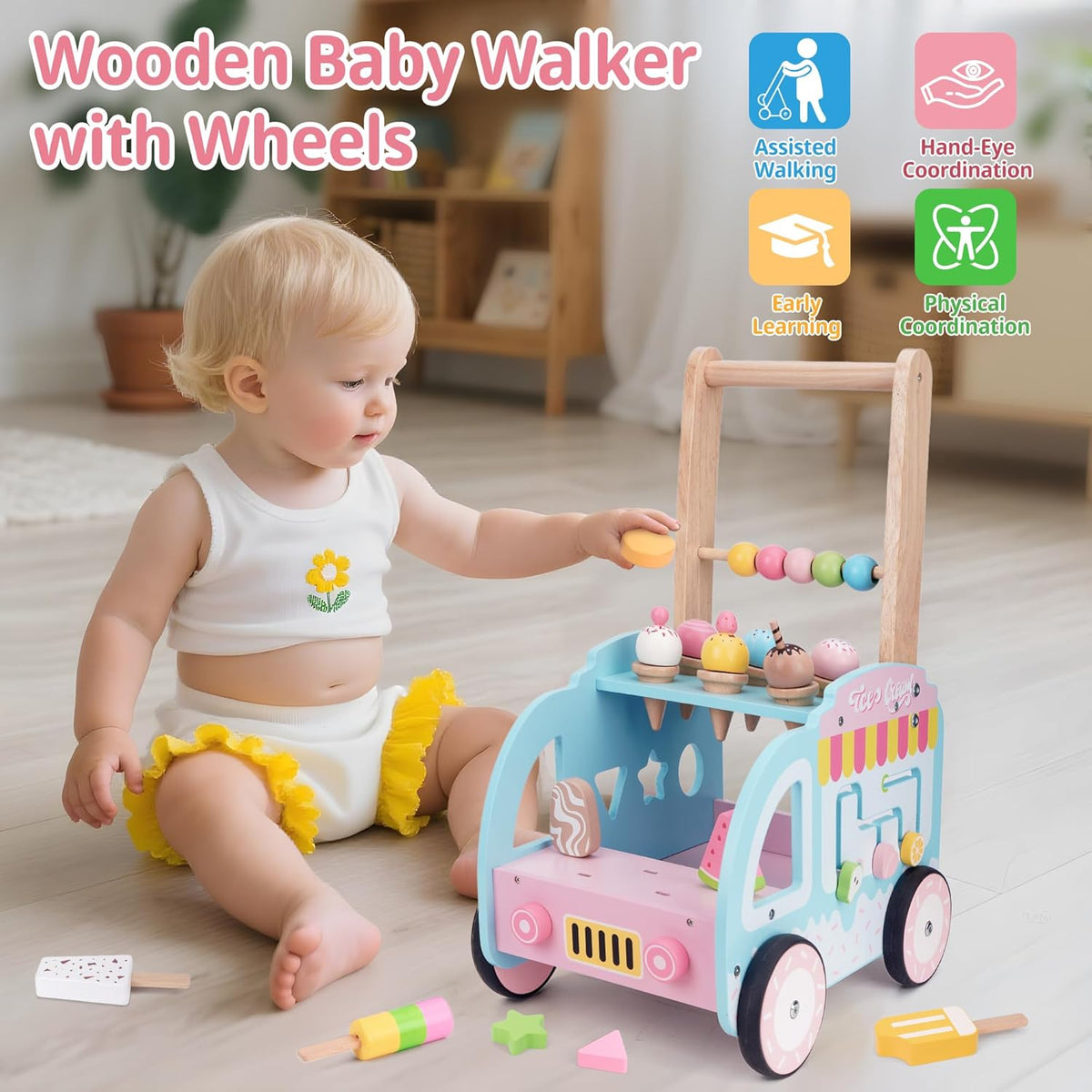 Baby Walker First Step Activity - Wooden Learning Walker with Wheels, Multifunctional Ice Cream Cart Toy & Activity Center for Toddlers, Push Walking Toy Gift for 1 2 3 Year Old Girls Boys [Plus A Free Gift]
