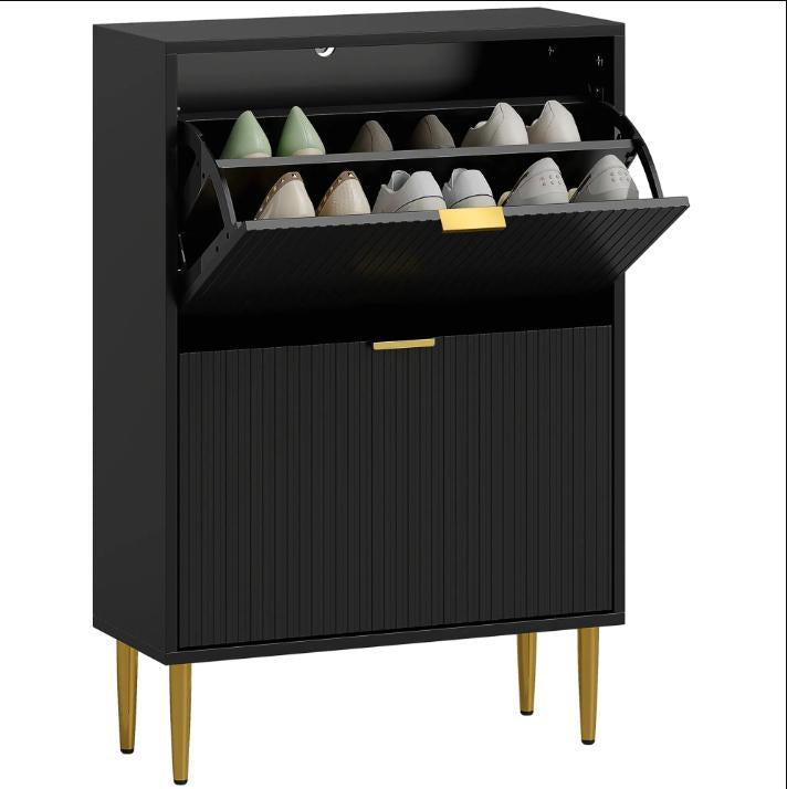 Narrow Shoe Cabinet with 2 Flip Drawers, Modern Slim Shoe Storage Cabinet with Fluted Doors, Gold Handles & Adjustable Shelves, Freestanding Shoe Organizer for Hallway Entryway, Holds 12 Pairs of Shoes