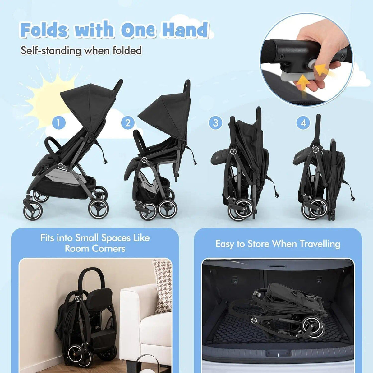 Lightweight Baby Pushchair – One-Hand Fold Travel Stroller for Infants 0-36 Months, Adjustable Reclining Seat, Extendable Canopy, 5-Point Safety Harness, Large Under-Seat Basket, Compact for Car Boot [Plus A Free Gift]
