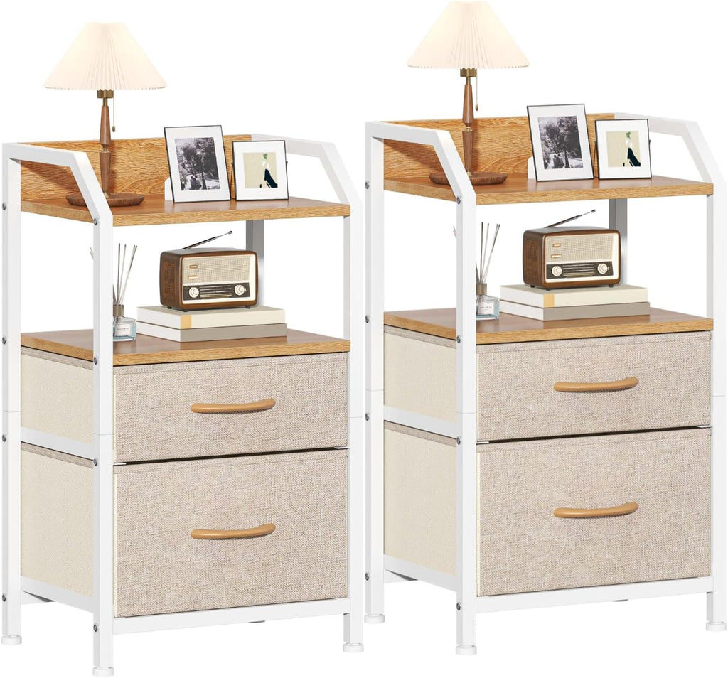 Set of 2 Rustic Industrial Nightstands, Wood and Metal Bedside Table with Drawers & 2 Open Storage Shelves, Multi-Purpose End Table Sofa Side Table, Bedside Organizer Cabinet for Bedroom Living Room Small Spaces