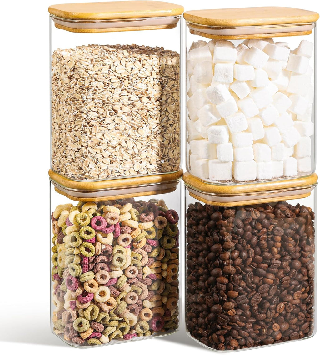 Rectangle Glass Storage Containers with Lids, Glass Jars with Bamboo Lids, Clear Food Storage Jar, Sugar Coffee Containers, Pantry Storage Container for Pasta Flour Oats Nuts