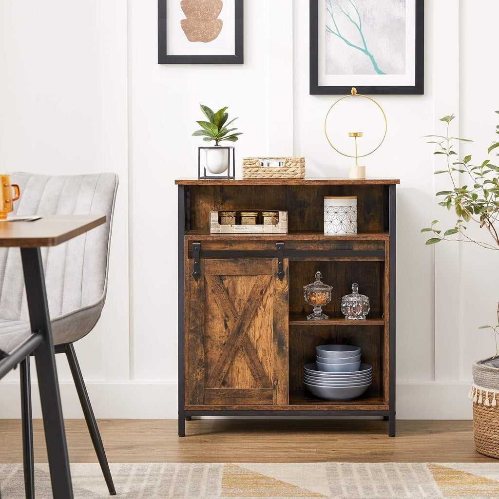 Rustic Sideboard Storage Cabinet with Sliding Barn Door Open Compartment & Adjustable Shelf Freestanding Buffet Unit 30 x 70 x 80 cm Toasted Oak Finish for Living Room Hallway