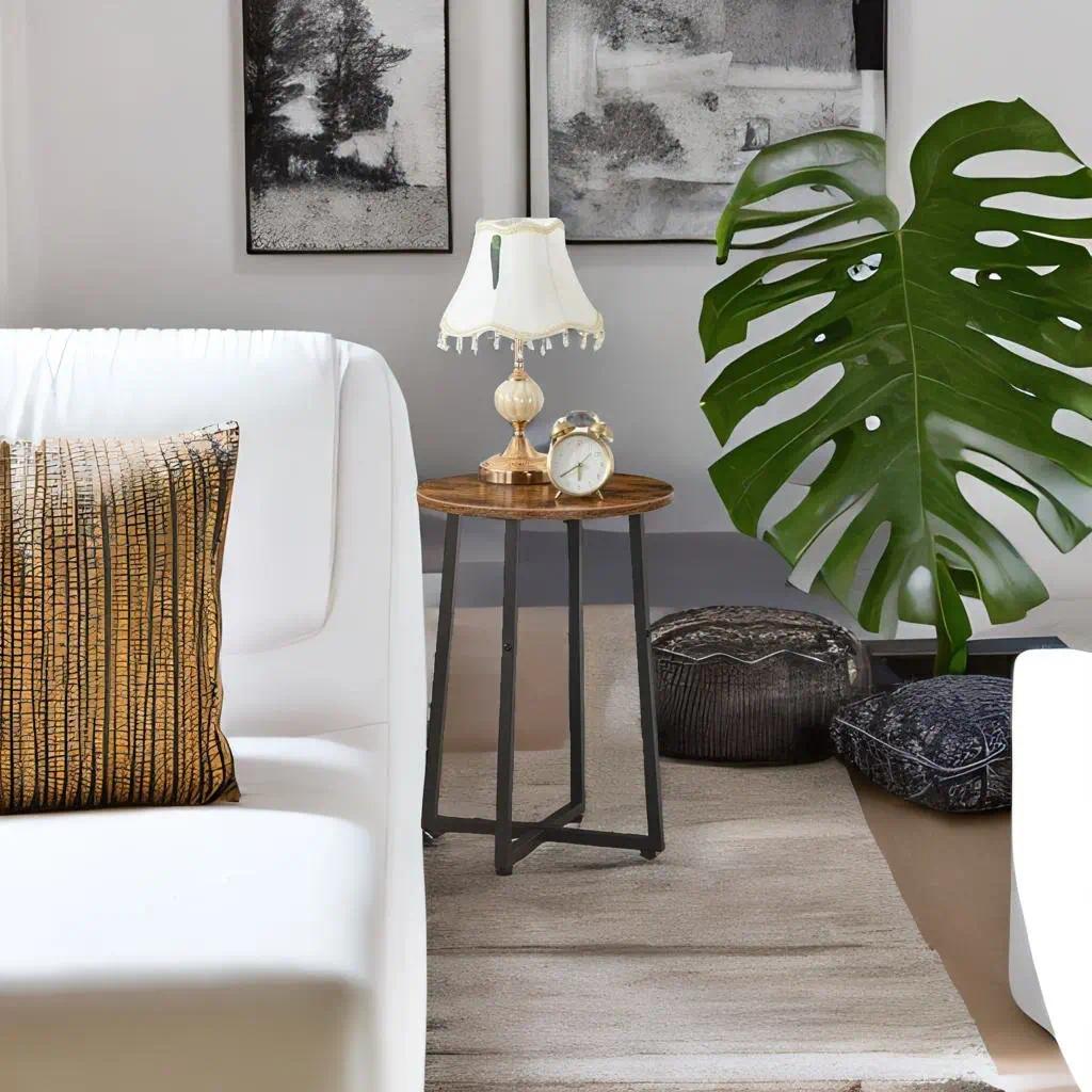 Industrial Round End Table, Small Bedside Nightstand with X‑Shaped Metal Frame, Multifunctional Accent Side Table, Plant Stand for Living Room, Bedroom & Hallway