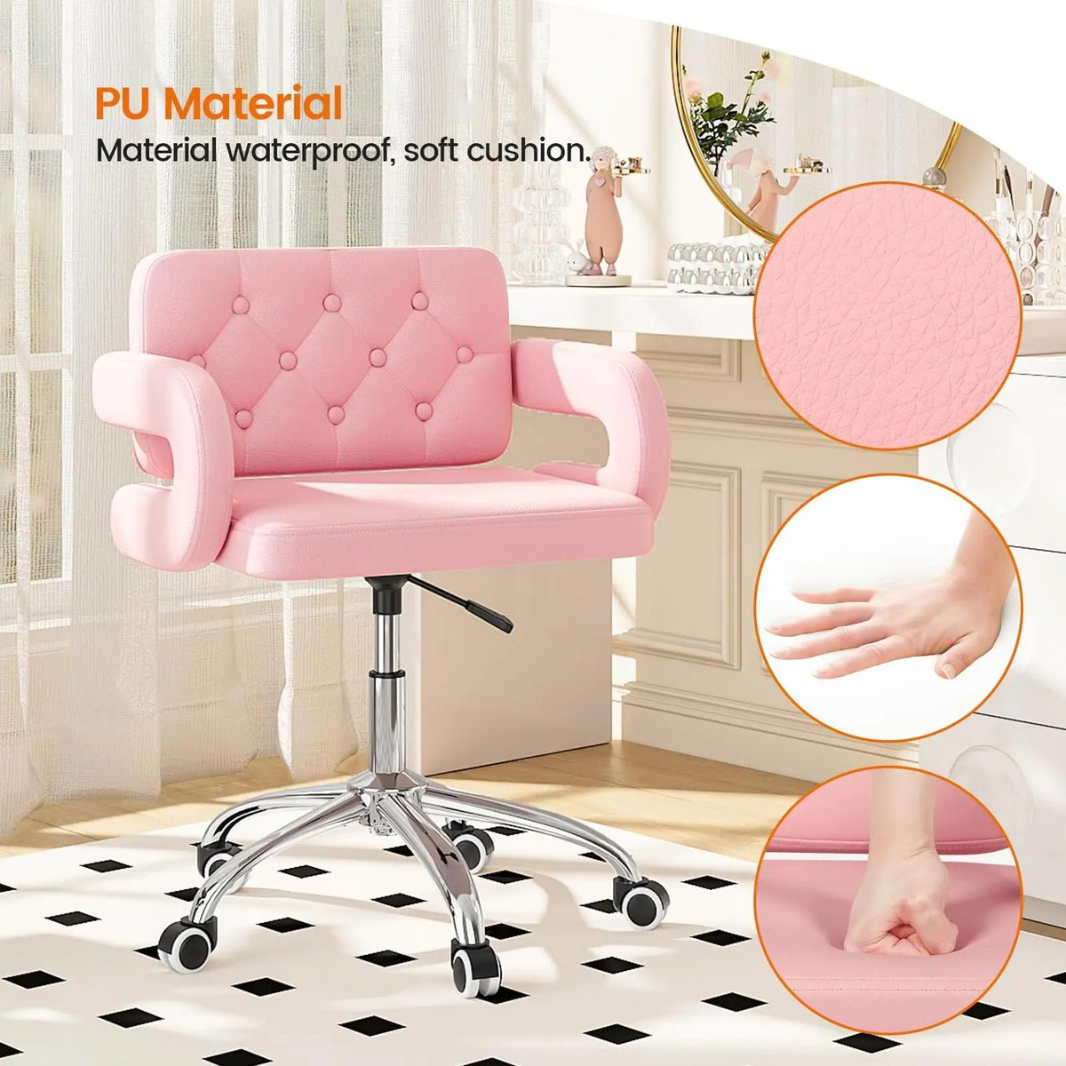 Faux Leather Swivel Office Chair, Height Adjustable Ergonomic Desk Chair, Vanity Chairs Lumbar Support and C-Armrests for Office Bedroom Living Room, Pink