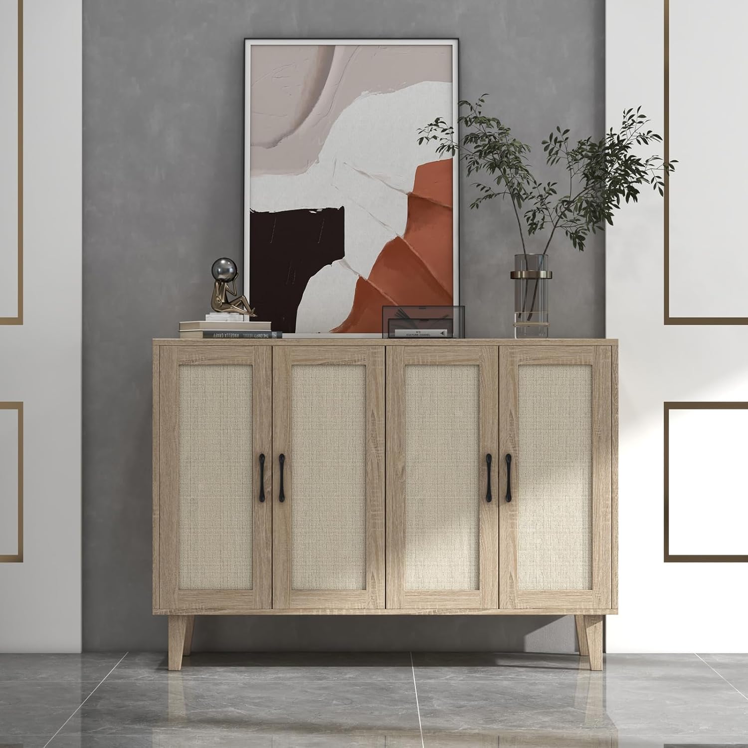 Modern Rattan Sideboard Cabinet, Wooden Buffet Storage Console with Rattan Decor Doors, Versatile Accent Storage Furniture for Kitchen, Living Room, Hallway Entryway