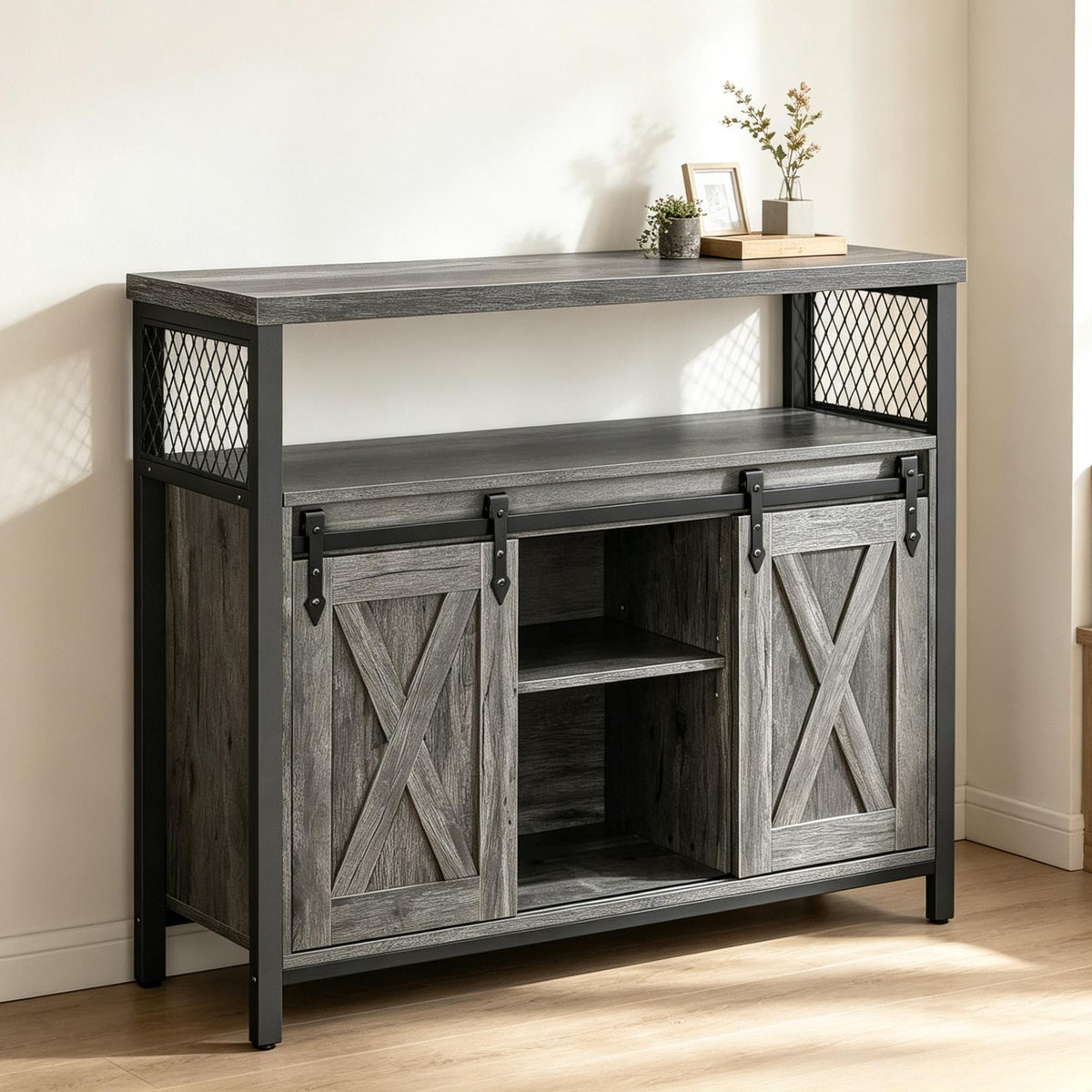Rustic Wooden Sideboard Buffet Cabinet, Sliding Barn Doors Storage Credenza with Adjustable Shelves & Anti‑Tip Kit, Multipurpose Furniture for Kitchen Living Room Hallway