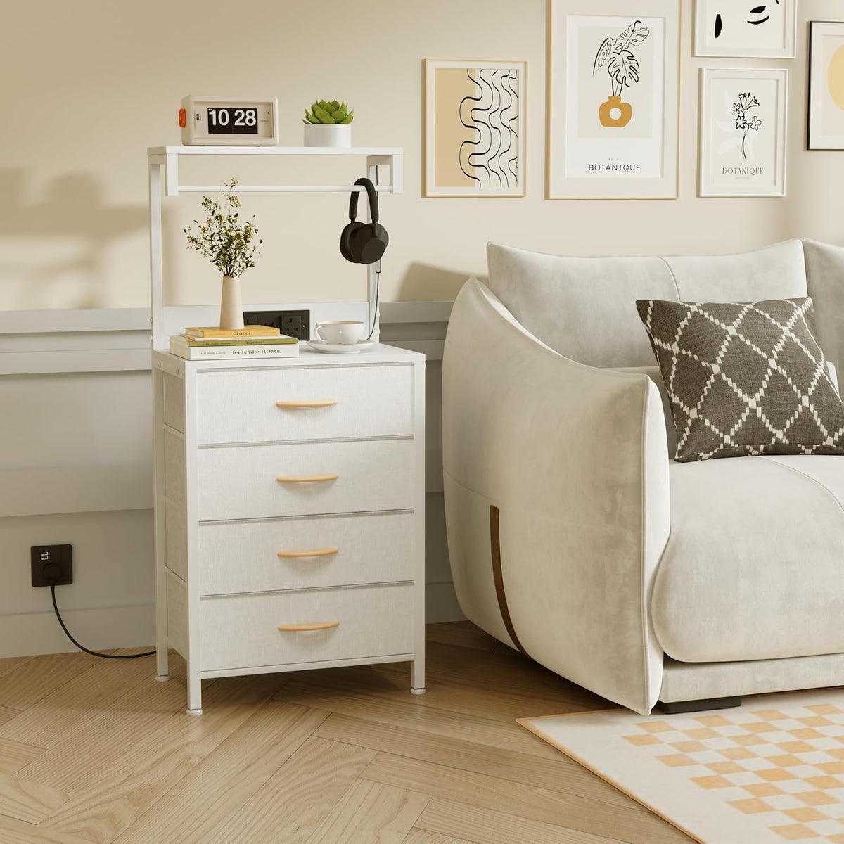 White Bedside Table with Charging Station & LED Light Nightstand 4 Fabric Drawers Wood Shelf Bedside Cabinet Bedroom Side Table Storage Organizer